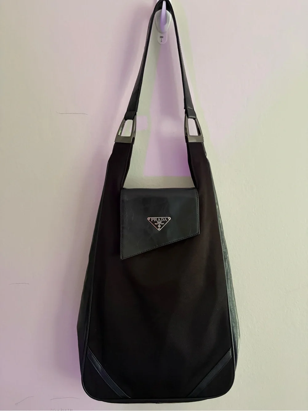 Prada Black Shoulder Bag with Silver Logo Plaque